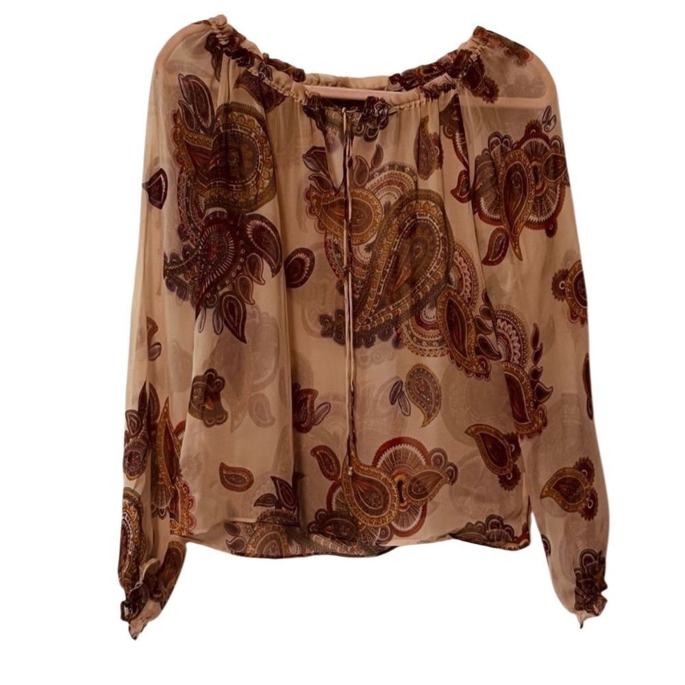 Boho Silk Chiffon Y2K ECI Paisley Popover Peasant split Neck Semi Sheer Top S